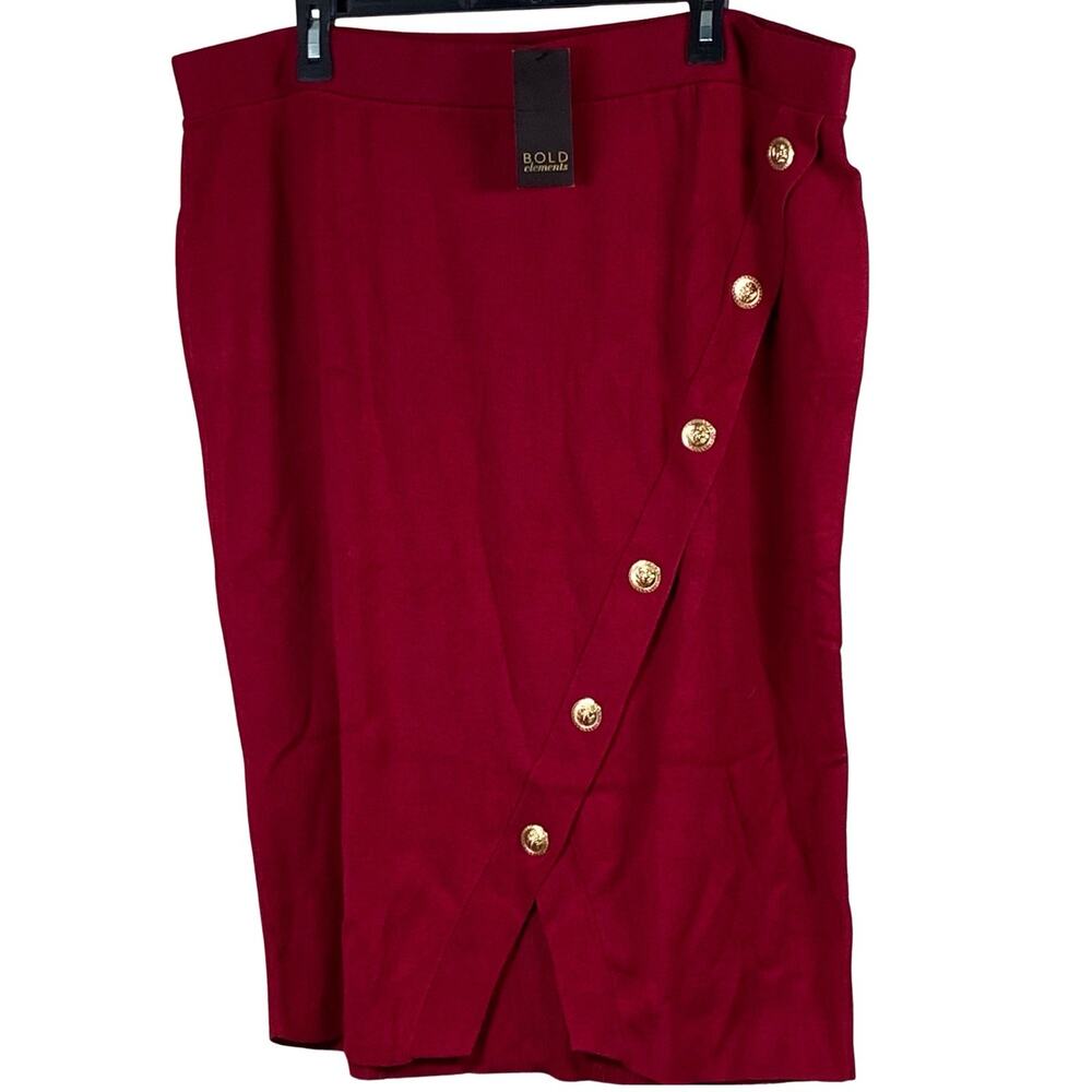 Bold Elements Pencil Skirt Size 1X Red Knit Gold Lion Buttons Elastic Waist NEW